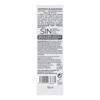 Pasta de dientes Blanqueadora menta Bio y carbón activo NaturaBIO Cosmetics, 75 ml - Imagen 2